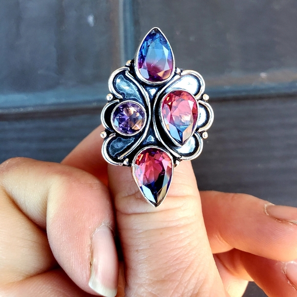 New Bicolor Tourmaline & Amethyst 925 Silver Ring. - Picture 2 of 11